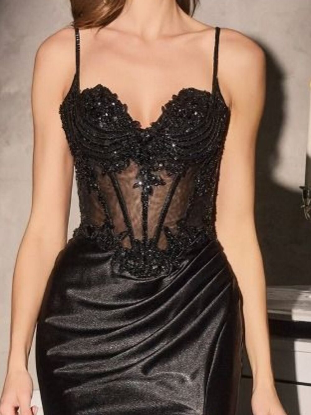 New Black Sleeveless Soft Satin Gown w/ Sweetheart Neck & Beaded Bodice CDS559 - Picture 9 of 10